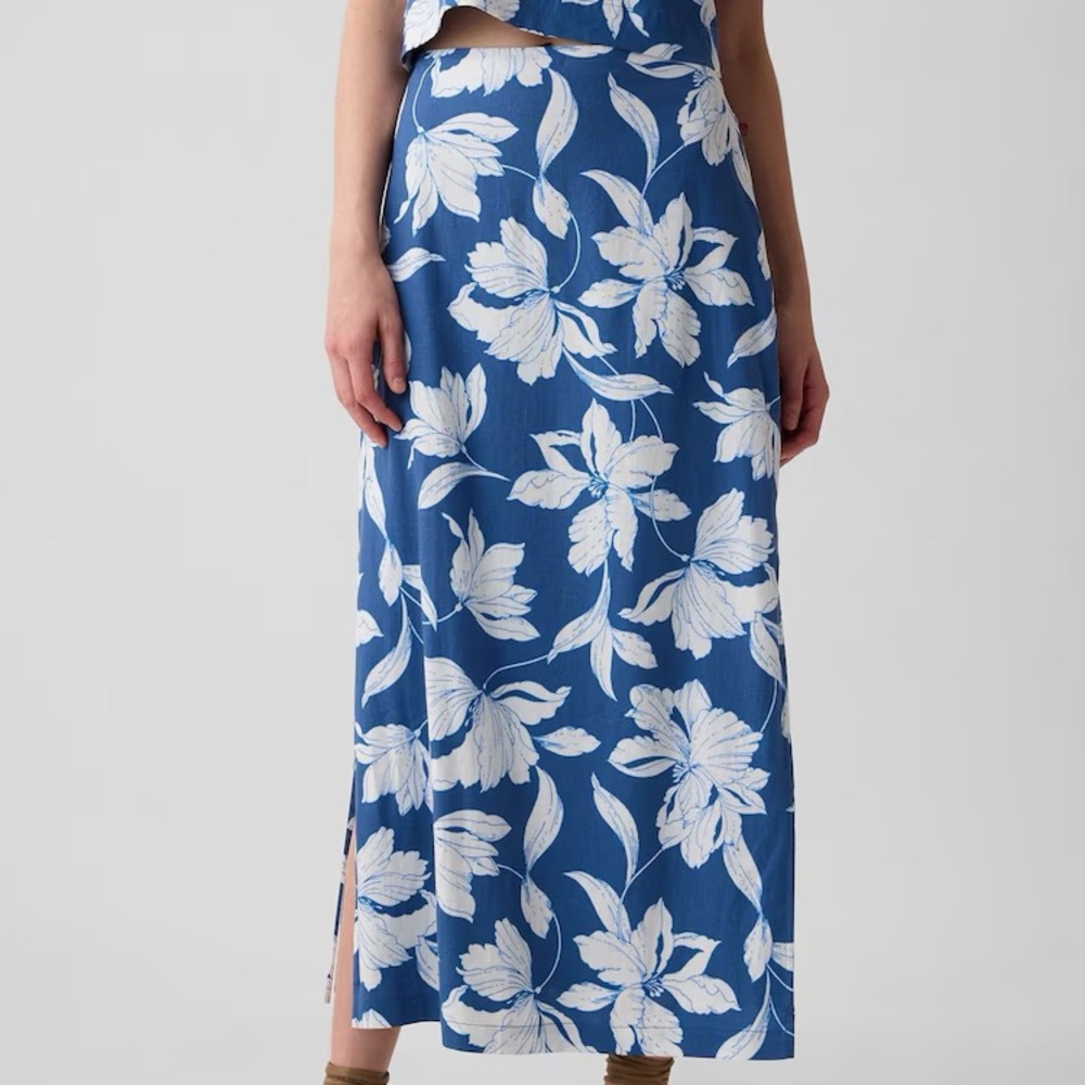 GAP Blue Floral Linen Blend Maxi Skirt, XXL